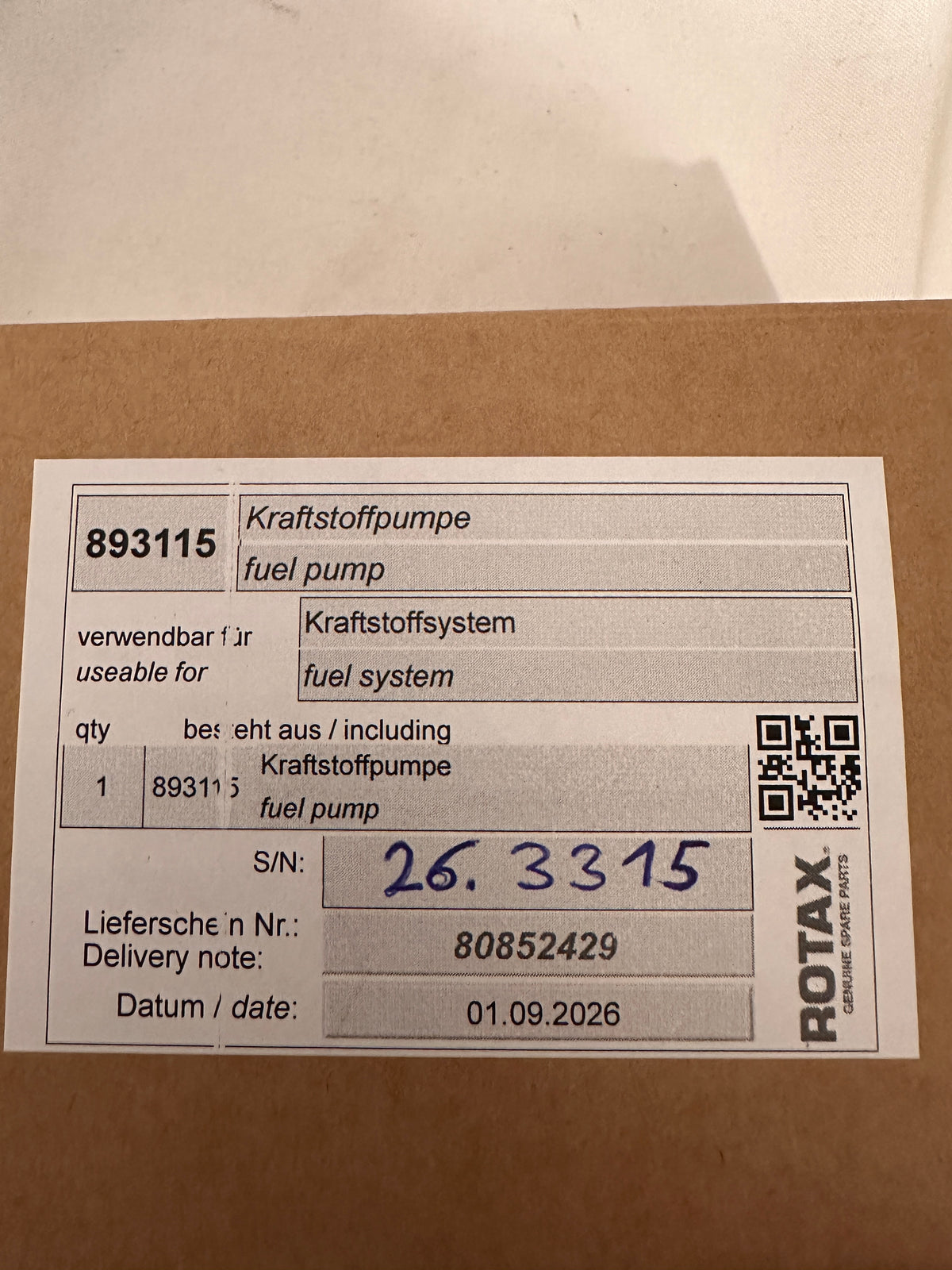 Original ROTAX Kraftstoffpumpe 893115 -ROTAX Genuine Parts Originalverpackung mit Ersatzteilnummer
